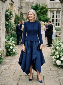 Alt Text: Mother of the bride wearing an embellished cape over an elegant gown.