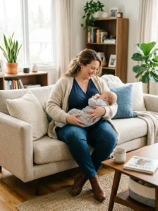 Alt Text: Plus size mom wearing a comfortable nursing-friendly outfit.