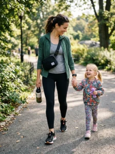 Alt Text: Sporty mom outfit featuring supportive sneakers and a practical crossbody bag.