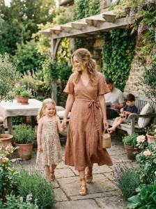 Alt Text: Boho mom outfit for a relaxed weekend family outing