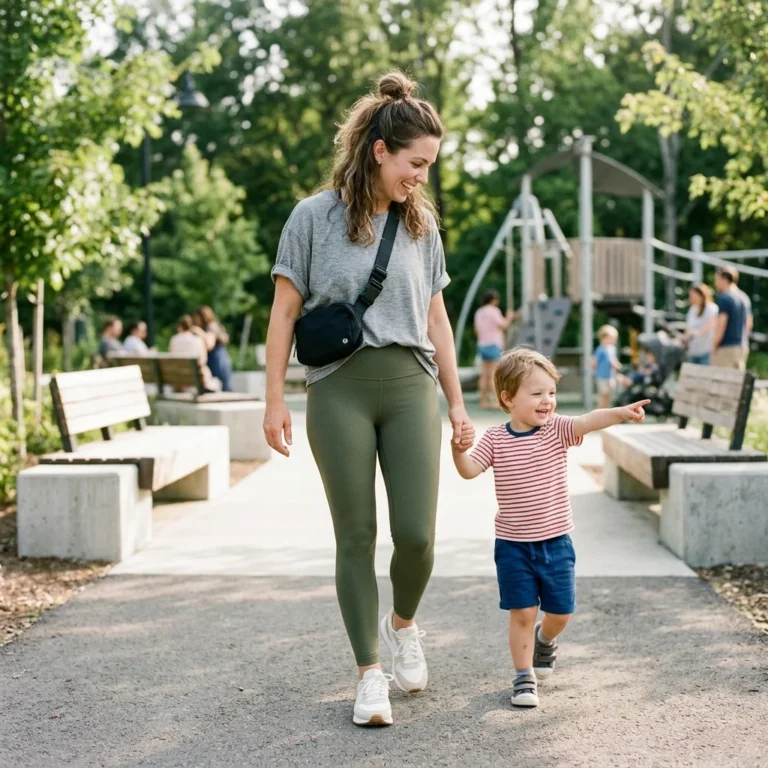 Alt Text: Mom wearing comfortable sporty clothing while spending an active day with her child.