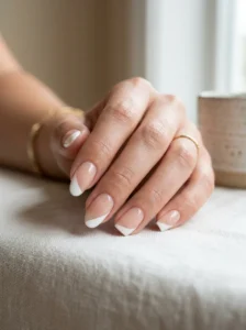 Short nails with diagonal French tip lines