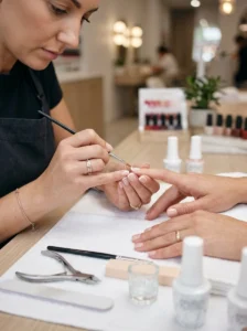 Nail technician creating precise French tips on short nails