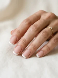 Short nails with a matte base and glossy French tips