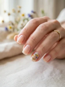 Minimal spring manicure with delicate leaf silhouette accents.