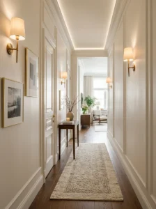 Small hallway with satin-finish walls reflecting light to make the space feel brighter and more open.