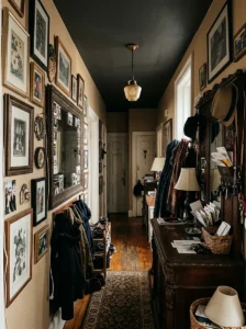 Cluttered narrow hallway with bulky furniture, excessive decor, and dark finishes that make the space feel smaller.