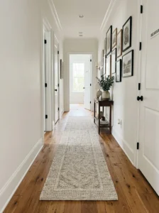 Narrow hallway with lengthwise flooring and a slim runner rug that visually extends the space.