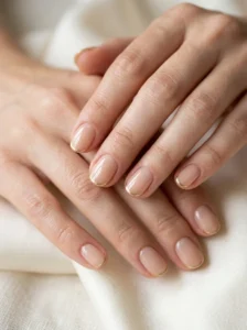 Short nude nails with a fine gold French tip line