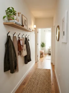 Small hallway using wall-mounted hooks and vertical storage instead of bulky furniture to keep the walkway open.
