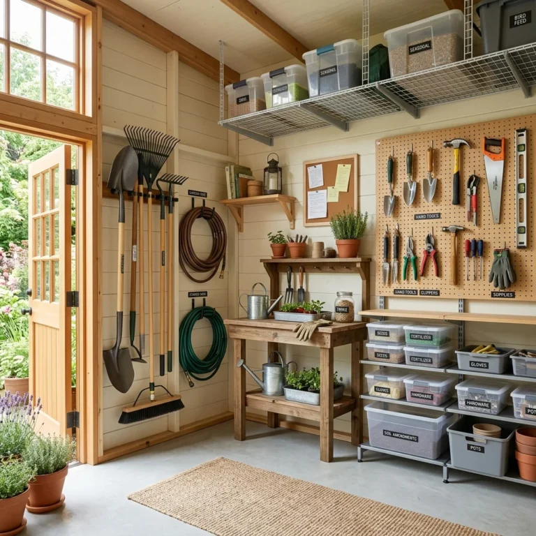 Organized garden shed with wall-mounted tools, labeled bins, shelving, overhead storage, and clear walking space.
