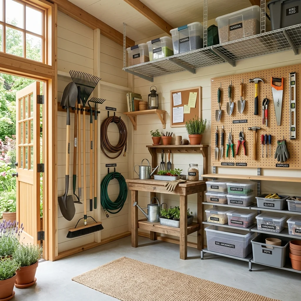 Organized garden shed with wall-mounted tools, labeled bins, shelving, overhead storage, and clear walking space.