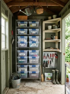 Organized shed divided into gardening, seasonal storage, and repair work zones.