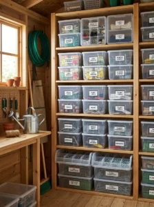 Stackable storage bins on open shelving keeping small shed supplies organized and easy to find.