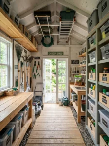 Neatly organized garden shed with efficient storage systems and a clutter-free floor.