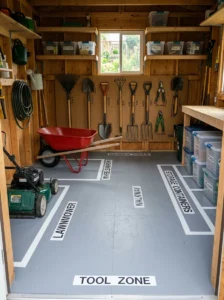Garden shed with painted and taped floor zones marking designated spaces for outdoor equipment.