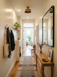 Well-designed small hallway combining lighting, mirrors, light walls, storage, and a runner rug to maximize space.