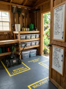 Shed door fitted with a storage organizer for gloves, seed packets, and small tools.