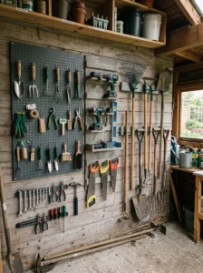Shed using ceiling racks, hoists, and hooks to store bulky items and free floor space.