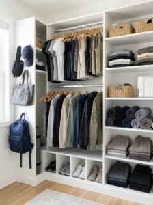 Organized sporty mom wardrobe with athletic basics, layers, sneakers, and practical bags.