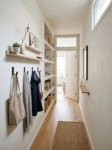 Small hallway with wall-mounted storage that keeps the floor and walkway clear.