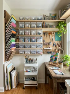 Alt Text: Vertical rack storing canvases, paper, and fabric in an art studio.