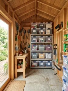 Alt Text: Seasonal storage zone in an organized shed with labeled bins, gardening tools, and neatly arranged off-season equipment.