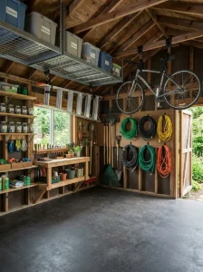 Garden shed with adjustable shelving, stackable bins, and corner storage maximizing vertical space.