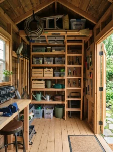 Organized shed displaying practical storage solutions including shelves, pegboard, bins, and overhead racks.