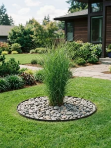 Alt Text: River rock xeriscape garden with drought-tolerant plants.