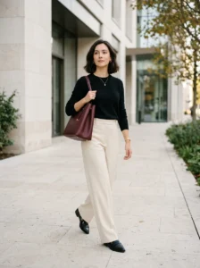 Sophisticated outfit using two neutral colors and one subtle accent color