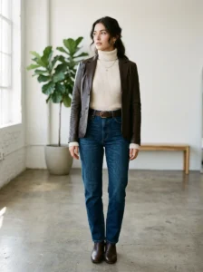 Layered outfit combining knit, leather, and denim textures for visual depth