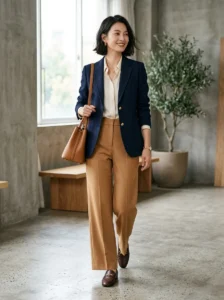 Woman wearing a thoughtfully coordinated outfit with balanced proportions, colors, textures, and accessories