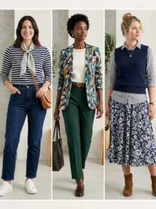 Alt Text: Woman experimenting with pattern mixing using a subtle printed accessory