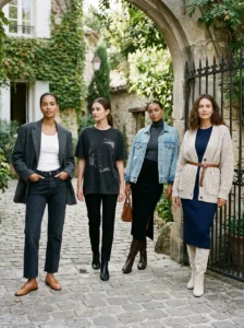 Alt Text: Four balanced oversized outfit formulas using fitted and structured pieces