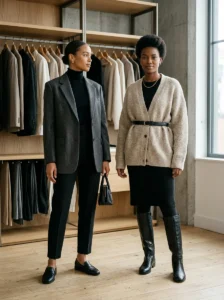 Alt Text: Balanced oversized outfits using proportion, structure, accessories, and fitted pieces