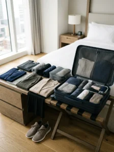 Lightweight wrinkle-resistant travel clothing and versatile shoes arranged for efficient packing.