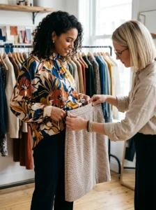 Alt Text: Two contrasting clothing patterns being styled together with balanced colors and scale