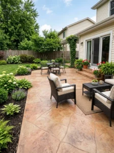 Alt Text: Affordable concrete patio flooring with decorative finishes.