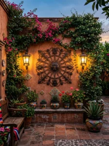 Alt Text: Rustic Mexican patio with terracotta, natural stone, and wood textures