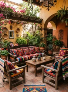 Alt Text: Lush Mexican patio filled with colorful plants and living elements