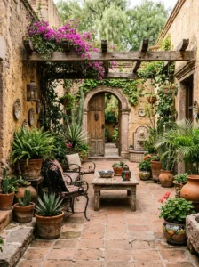 Alt Text: Balanced Mexican patio combining bold colors, textures, and natural materials