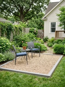 Alt Text: Pea gravel patio as an inexpensive flooring option.