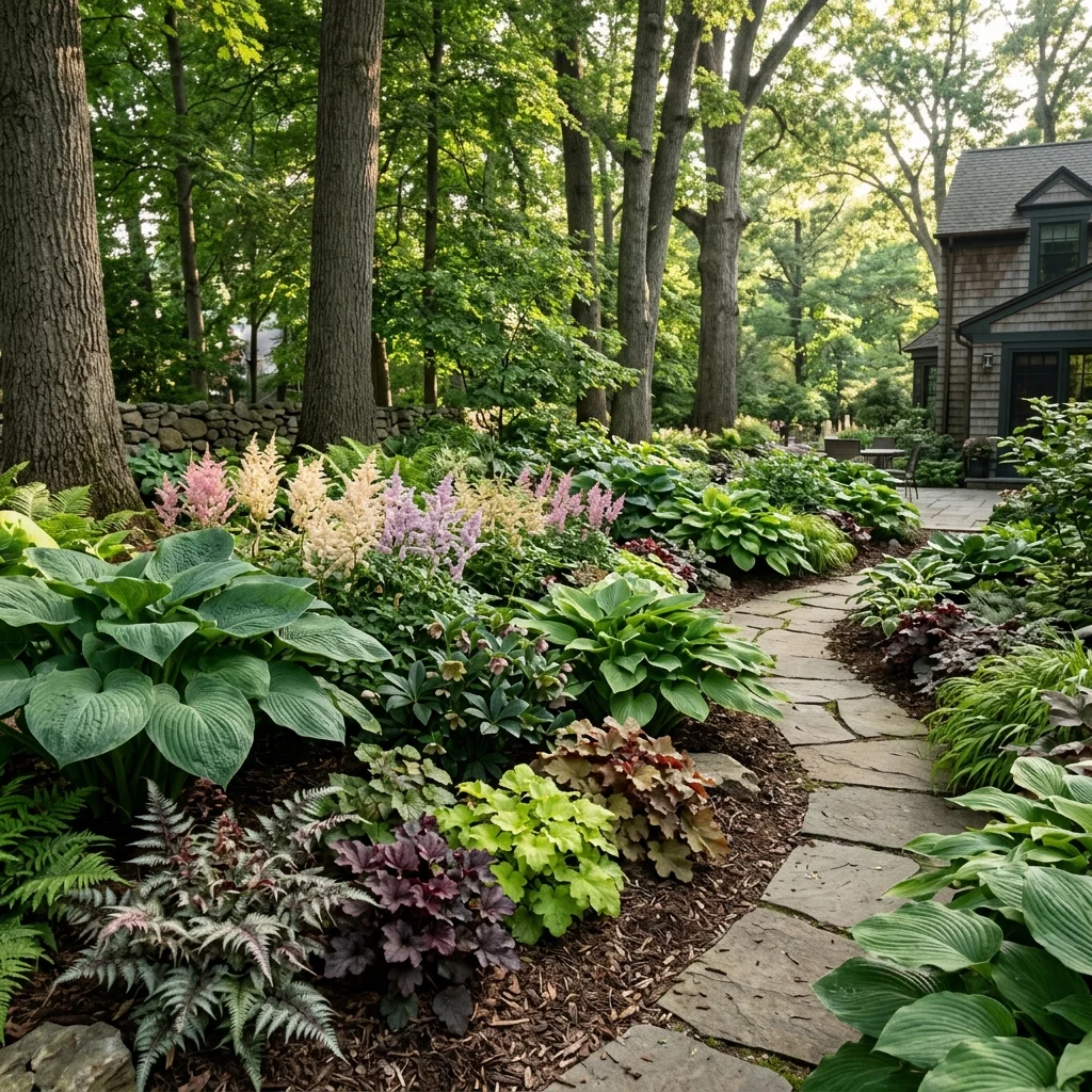 Low-maintenance shade garden filled with lush perennials beneath mature trees.