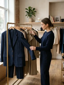 Alt Text: Shopping secondhand clothing for higher quality pieces on a budget