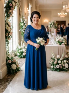Alt Text: Plus-size mother of the bride in a structured gown with supportive bodice.