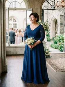 Alt Text: Plus-size mother of the bride wearing a well-fitted structured formal dress.