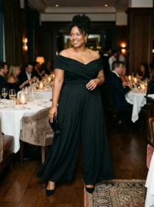 Alt Text: Plus-size woman styling a simple evening dress with a bold statement accessory.
