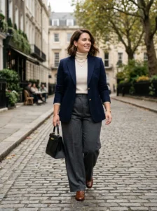 Alt Text: Plus-size woman wearing a complete classic old money inspired outfit