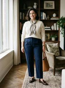 Alt Text: Plus-size woman wearing versatile neutral pieces in a classic capsule wardrobe